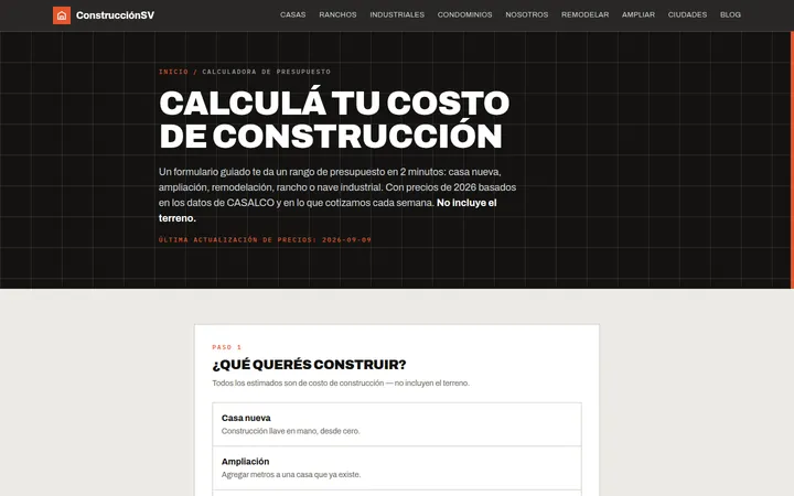 Estimador de coste de construcción, paso 1, mostrando las tipologías de obra