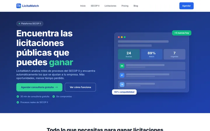 Portada de LicitaMatch con el panel de licitaciones y su porcentaje de coincidencia